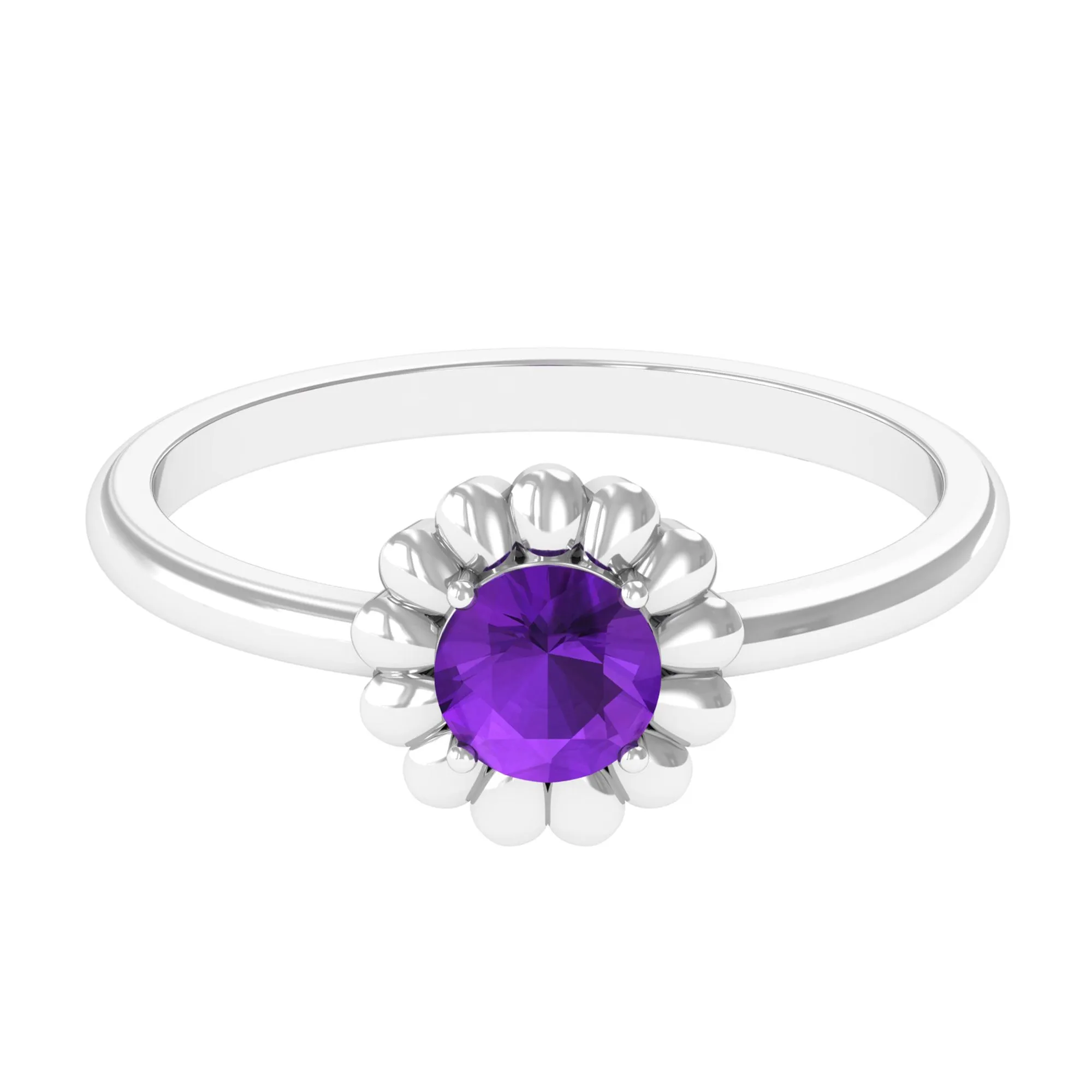 Round Cut Solitaire Amethyst Flower Ring