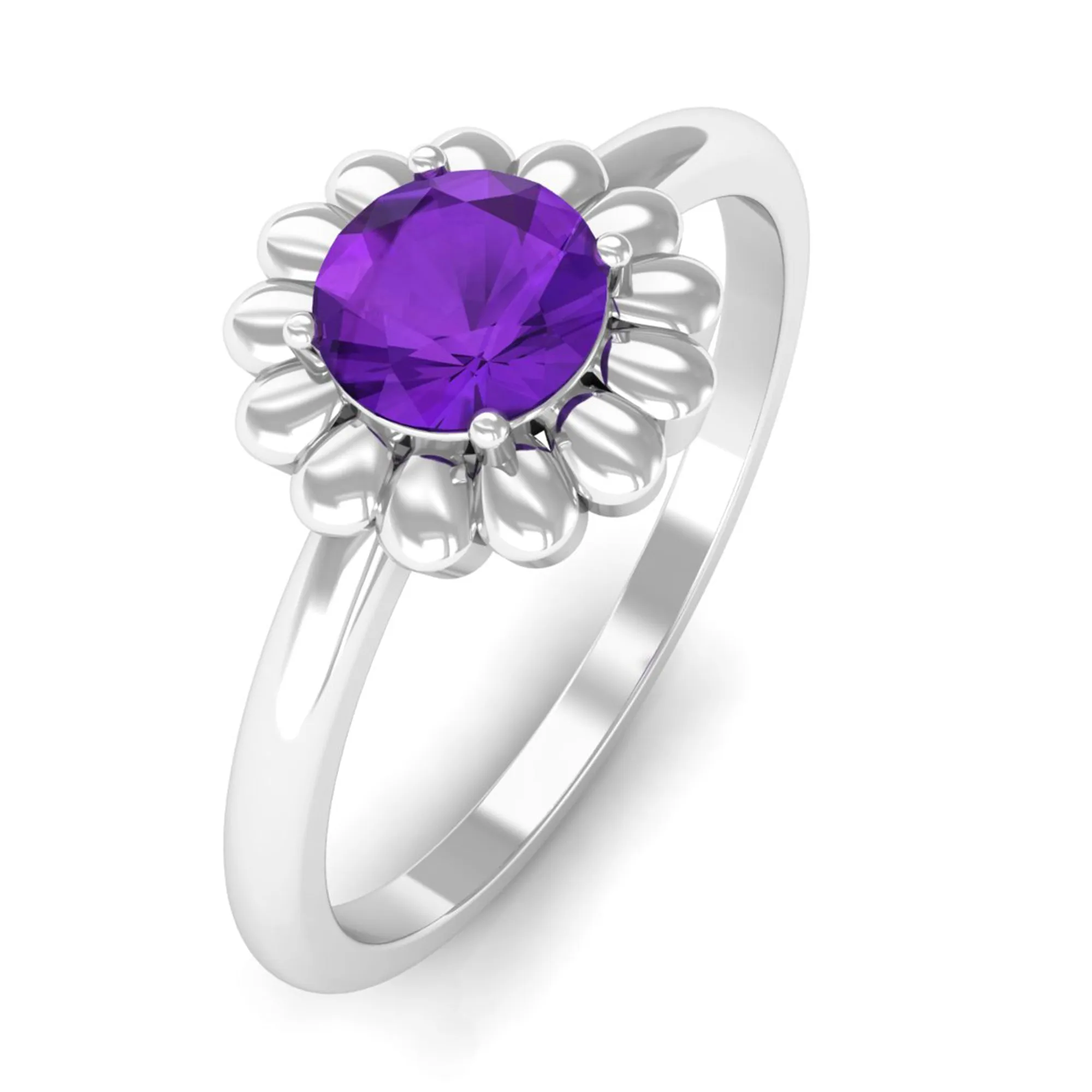 Round Cut Solitaire Amethyst Flower Ring