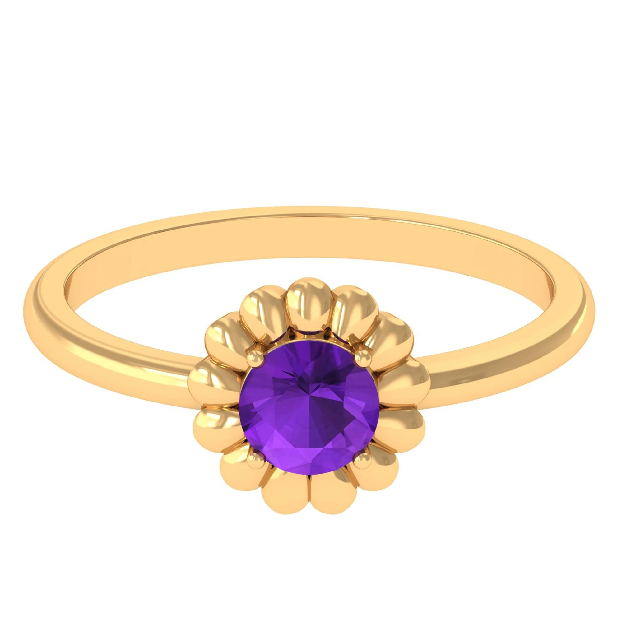 Round Cut Solitaire Amethyst Flower Ring