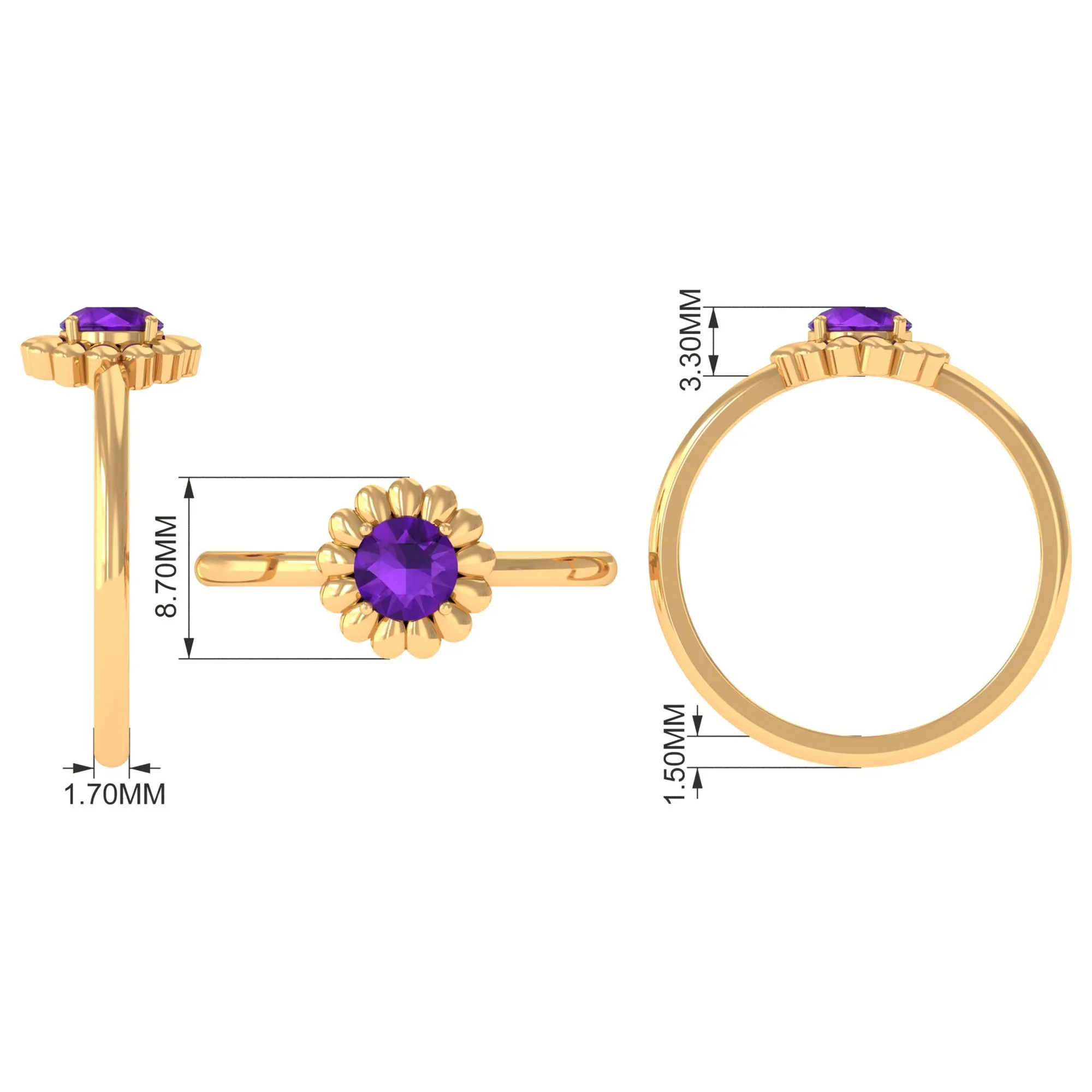 Round Cut Solitaire Amethyst Flower Ring