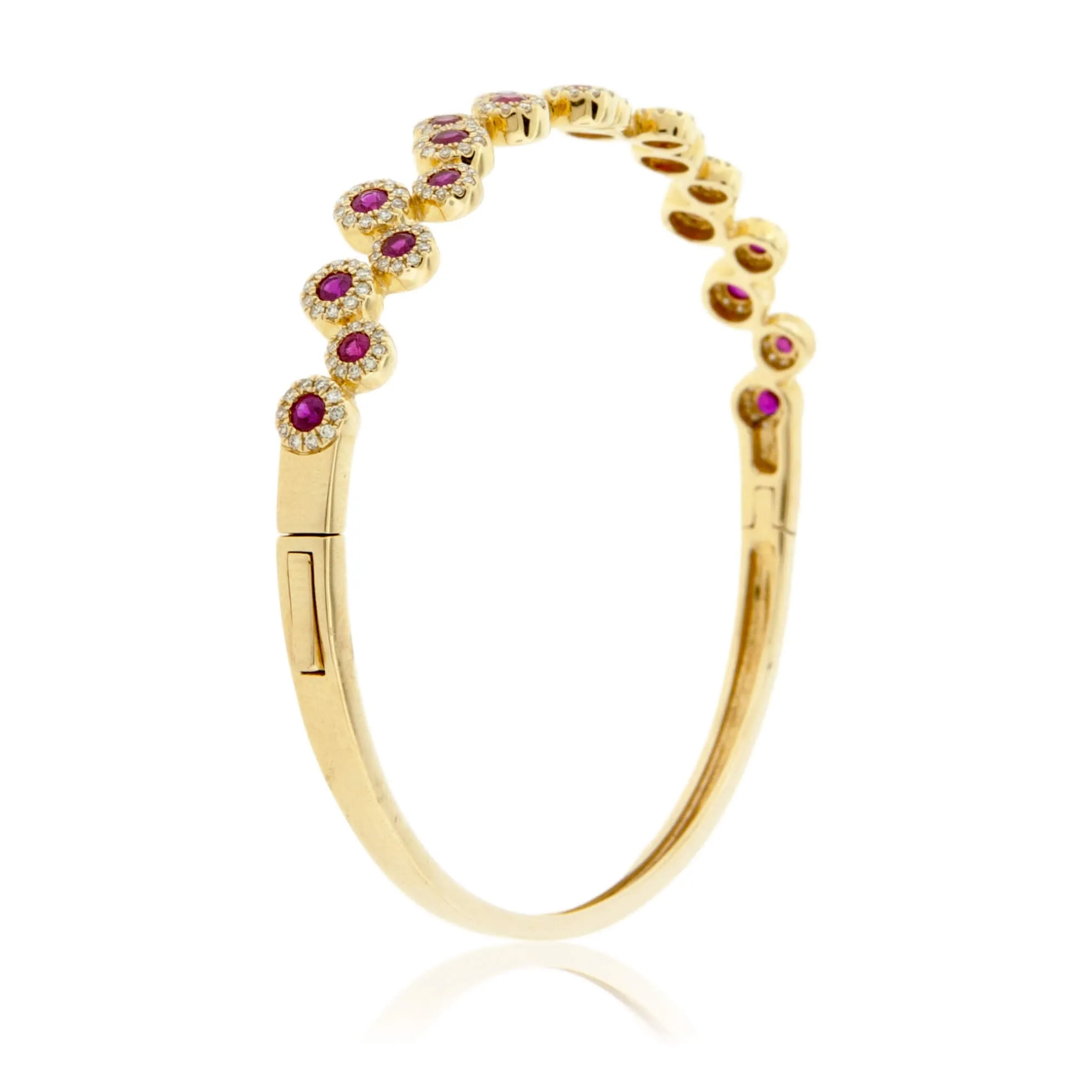 Round Rubies with Diamond Halos Bangle Bracelet