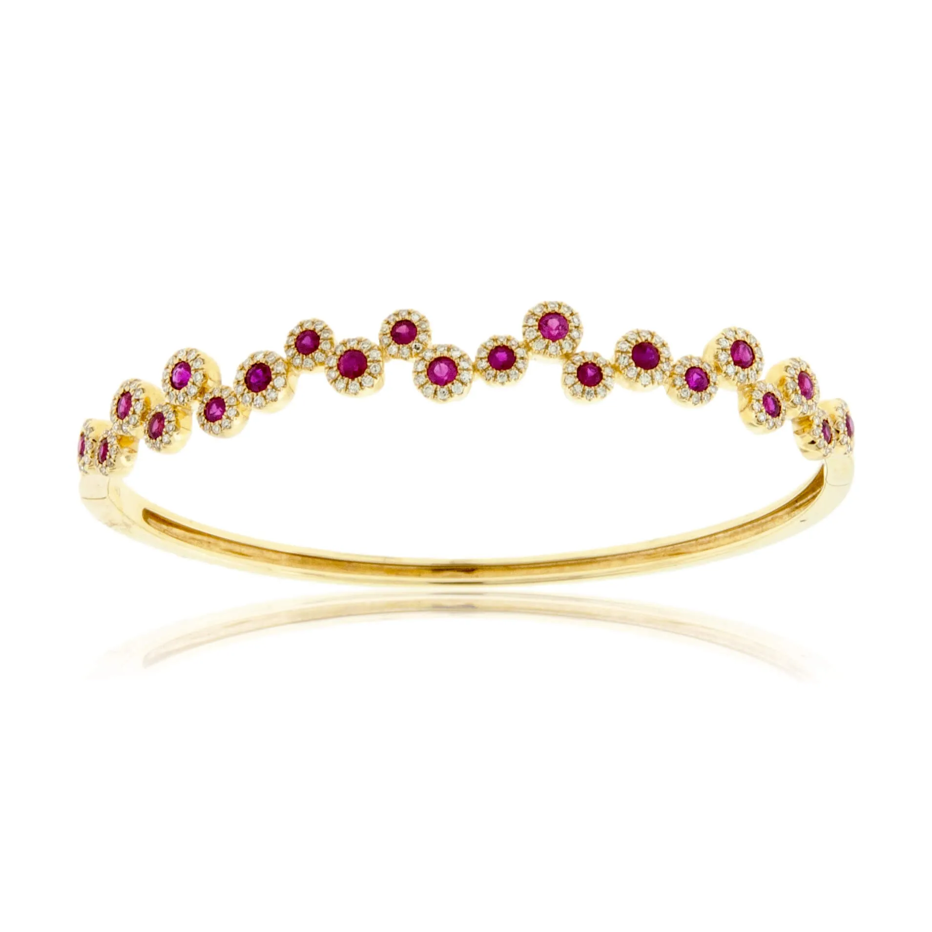 Round Rubies with Diamond Halos Bangle Bracelet