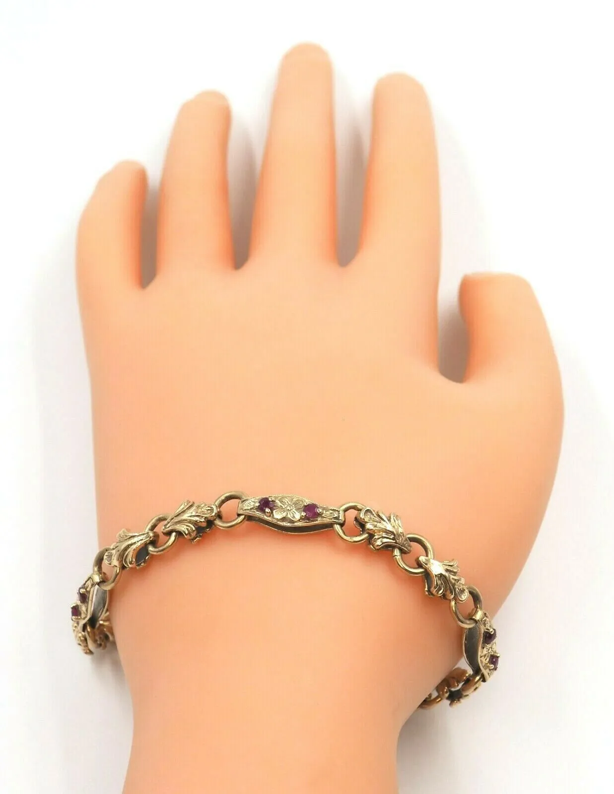 Ruby 9ct Yellow Gold Bracelet with Fleur de lis & Flower Patterned Links