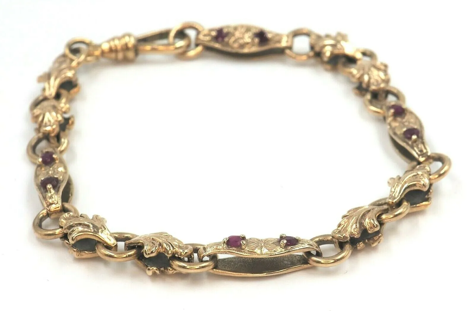 Ruby 9ct Yellow Gold Bracelet with Fleur de lis & Flower Patterned Links