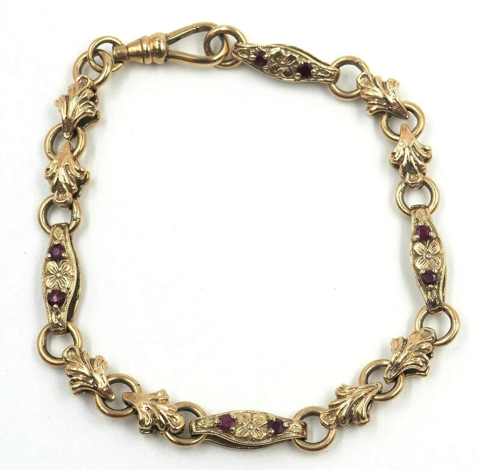 Ruby 9ct Yellow Gold Bracelet with Fleur de lis & Flower Patterned Links