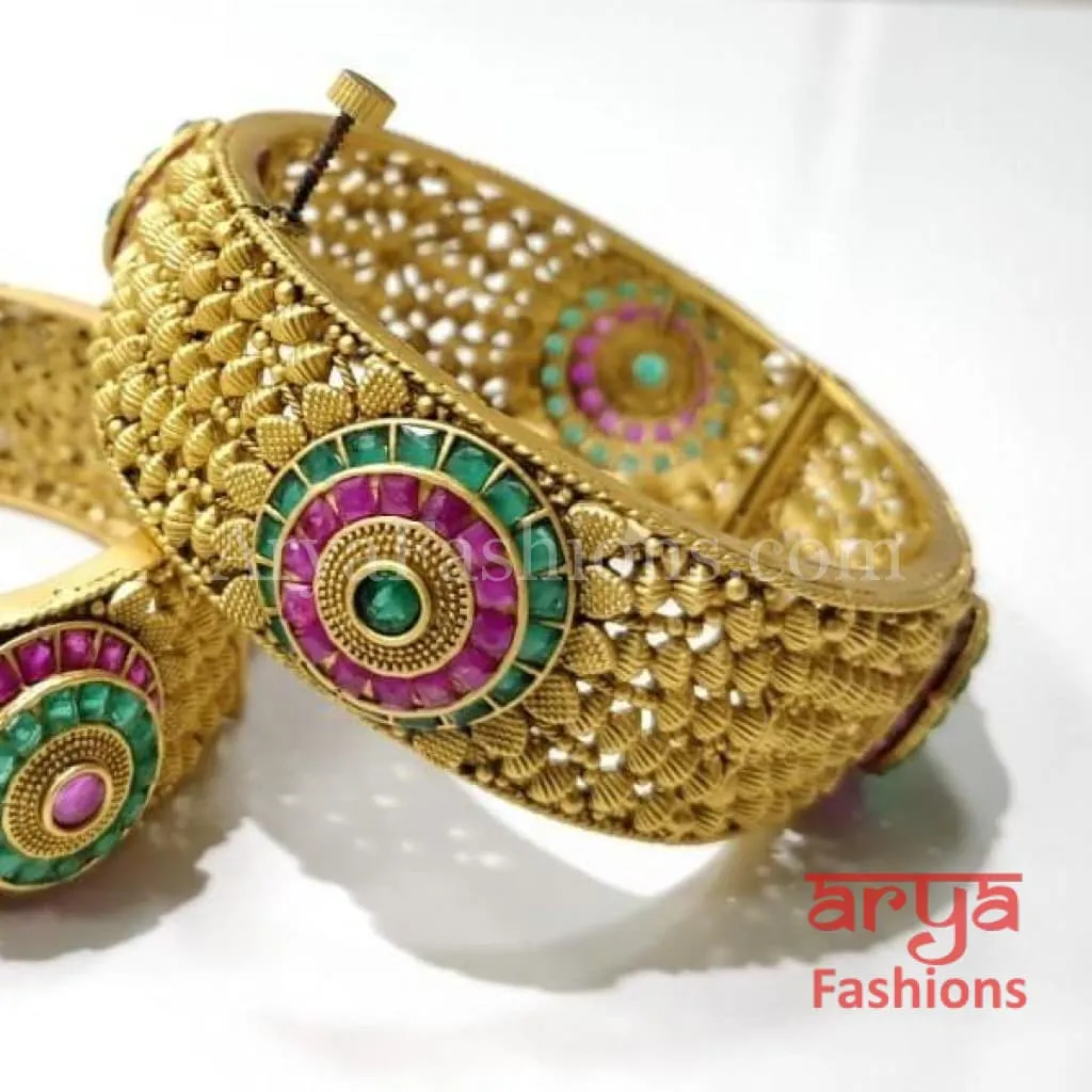 Ruby Emerald Indian Kada / Punjabi Kundan Bracelet Bangles/ Set of 2 Bangles