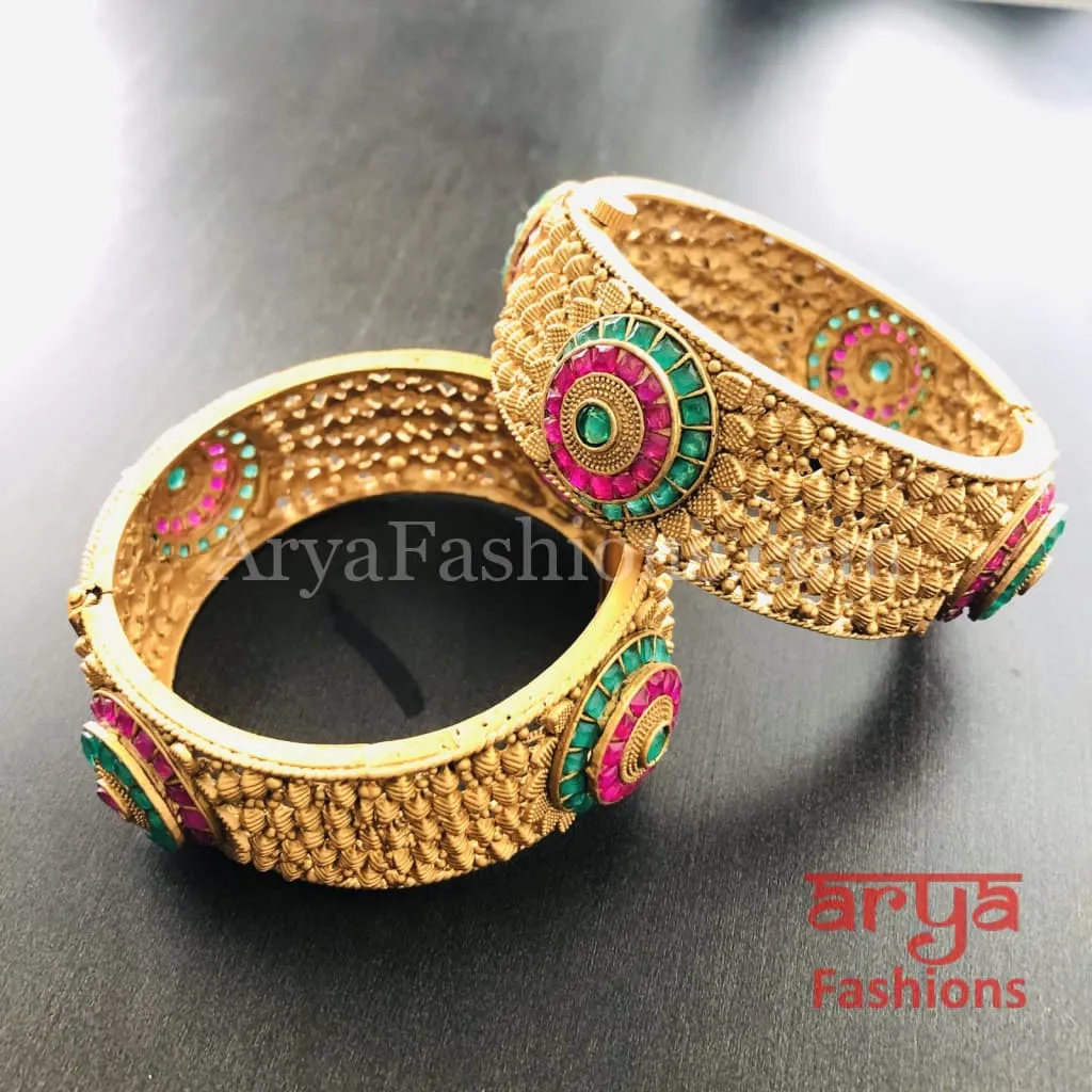 Ruby Emerald Indian Kada / Punjabi Kundan Bracelet Bangles/ Set of 2 Bangles