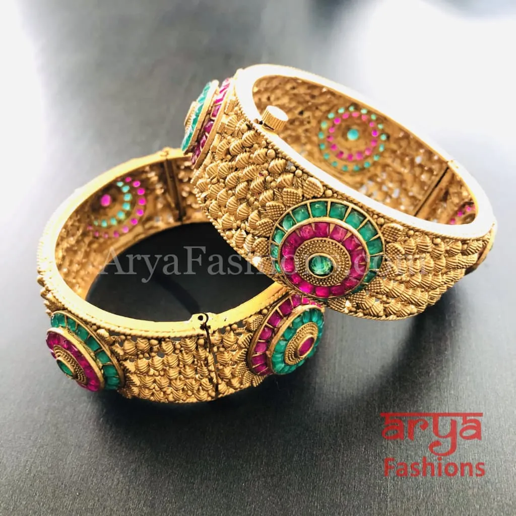 Ruby Emerald Indian Kada / Punjabi Kundan Bracelet Bangles/ Set of 2 Bangles