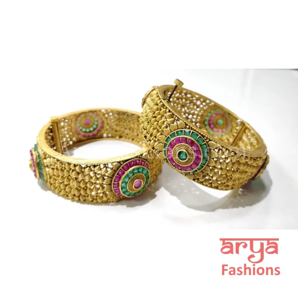 Ruby Emerald Indian Kada / Punjabi Kundan Bracelet Bangles/ Set of 2 Bangles