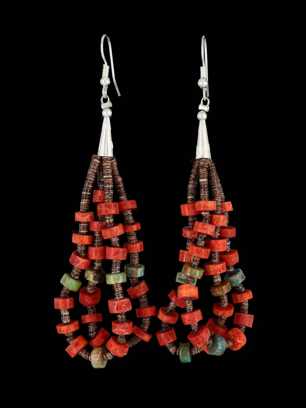 Santo Domingo Turquoise and Coral Heishi Dangle Earrings