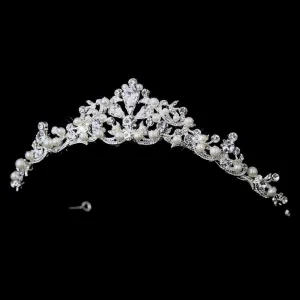 Silver White Pearl Floral Bridal Tiara Headpiece