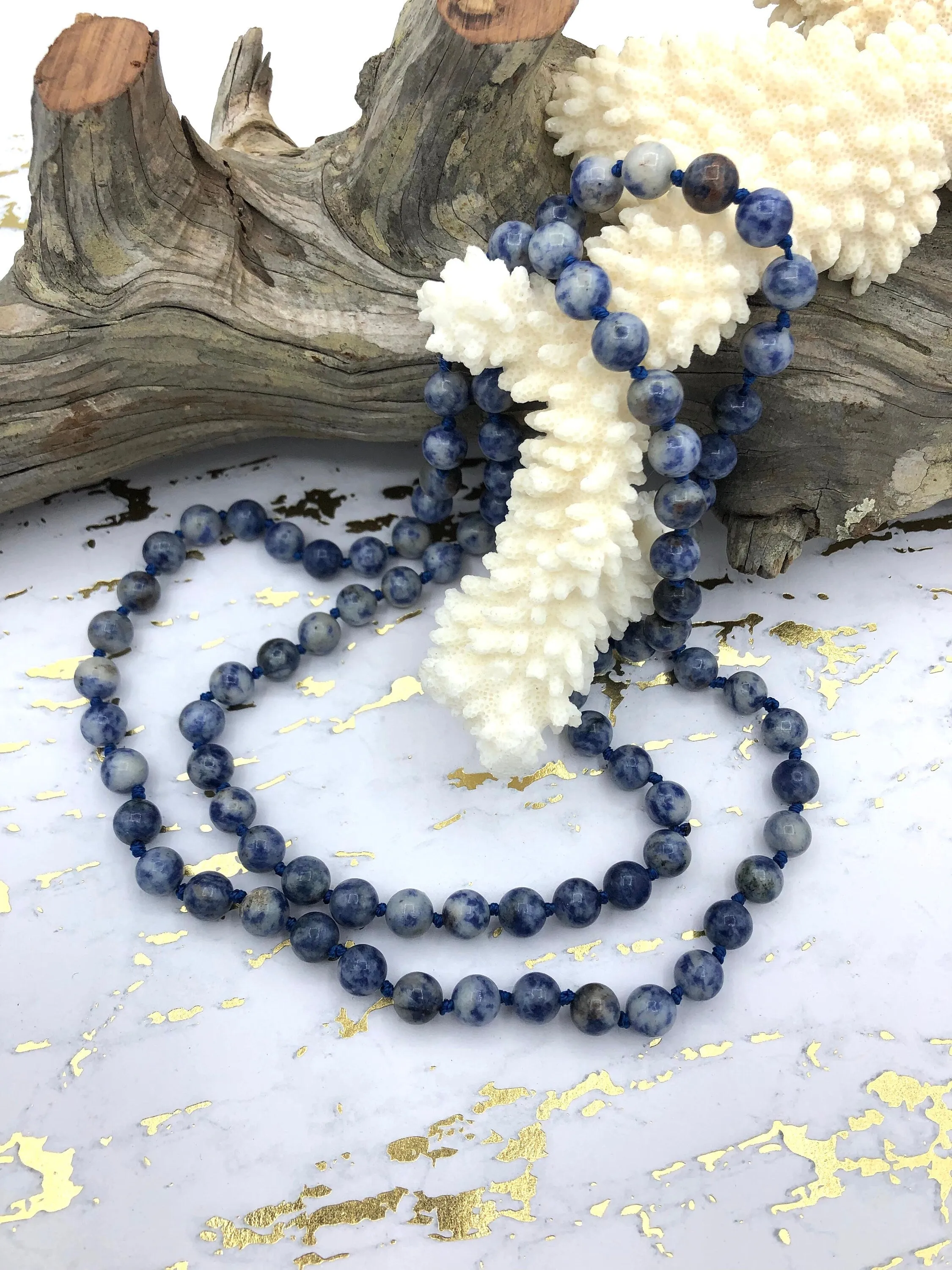 Sodalite Knotted Necklace, Mala Necklace, Beaded Necklace, Hand Knotted, Hand Knotted Gemstone Necklace, 36"  8mm Polished finish. Fast ship