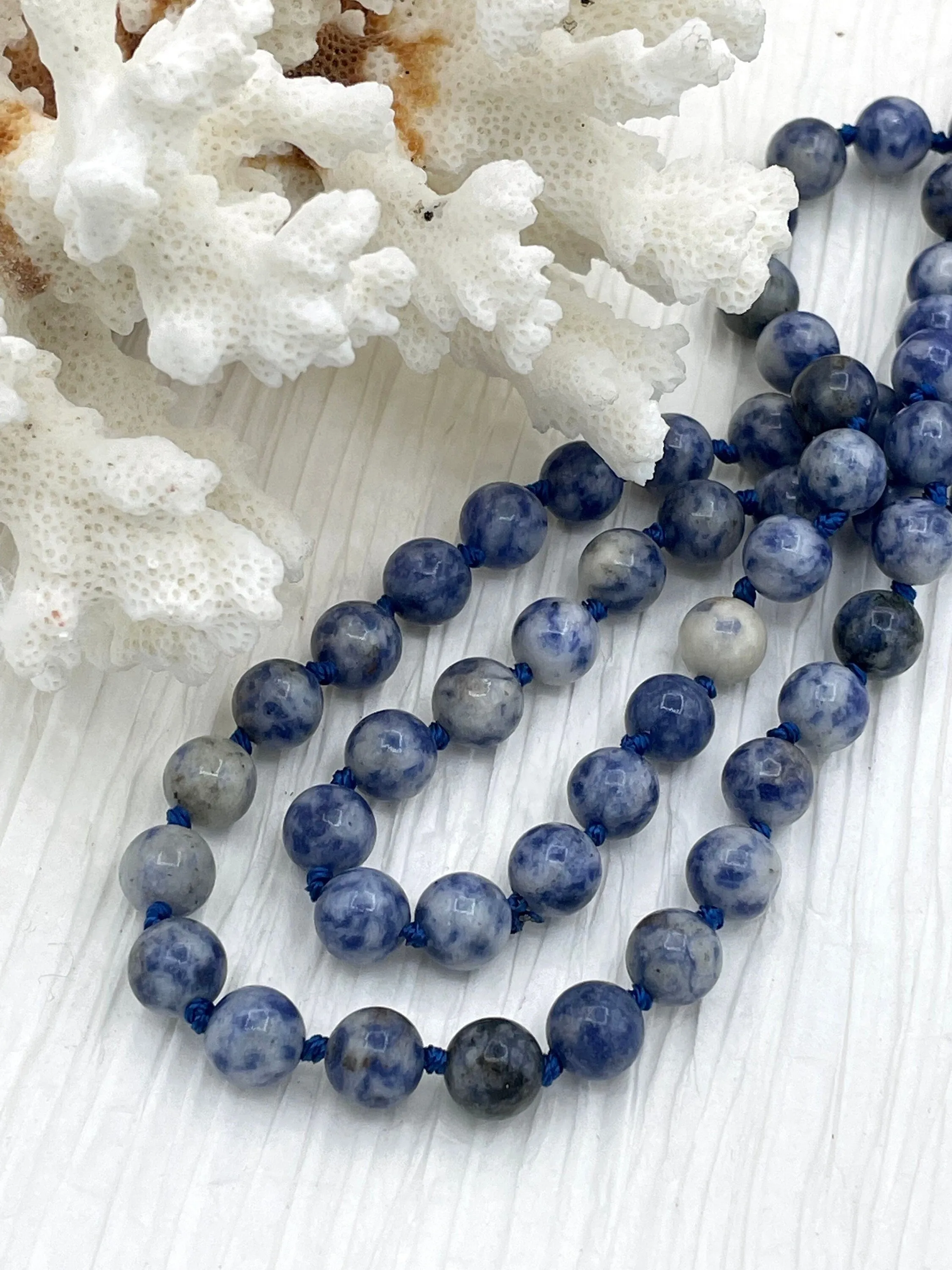 Sodalite Knotted Necklace, Mala Necklace, Beaded Necklace, Hand Knotted, Hand Knotted Gemstone Necklace, 36"  8mm Polished finish. Fast ship