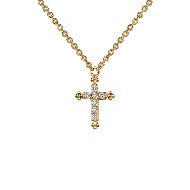 SS Y/G Plate Sim Dia Small Dia Cross Necklace