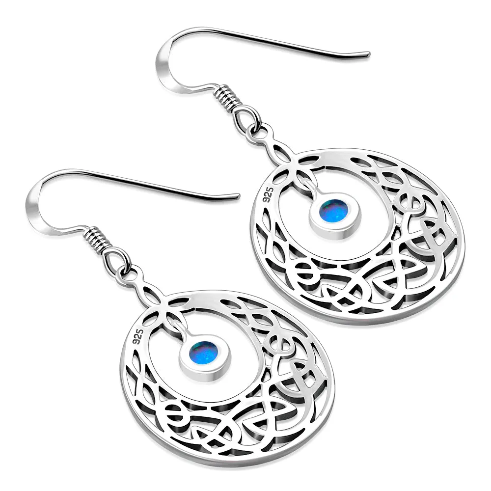 Synthetic Azure Blue Opal Celtic Knot Silver Earrings