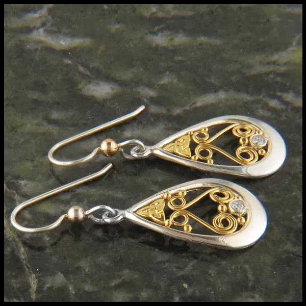 Trinity Filigree Diamond Earrings in Gold and Silver