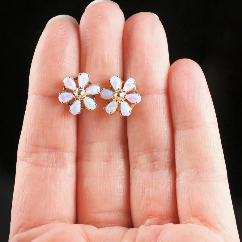 Victorian Style Opal Cluster Gold Stud Earrings 1.20Ct