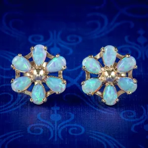 Victorian Style Opal Cluster Gold Stud Earrings 1.20Ct