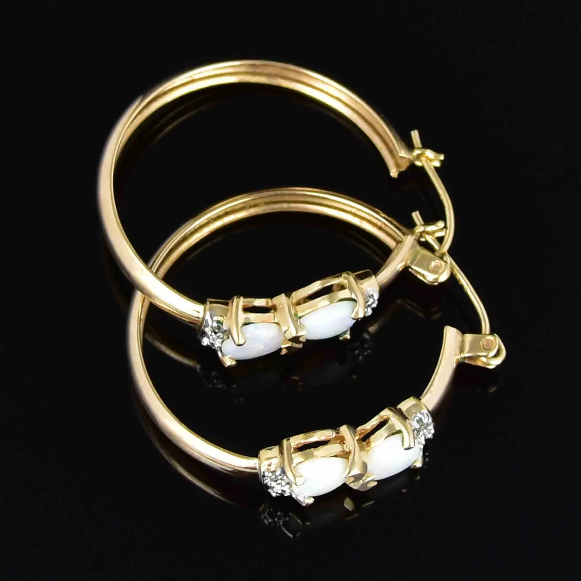 Vintage 10K Gold Diamond Opal Heart Hoop Earrings