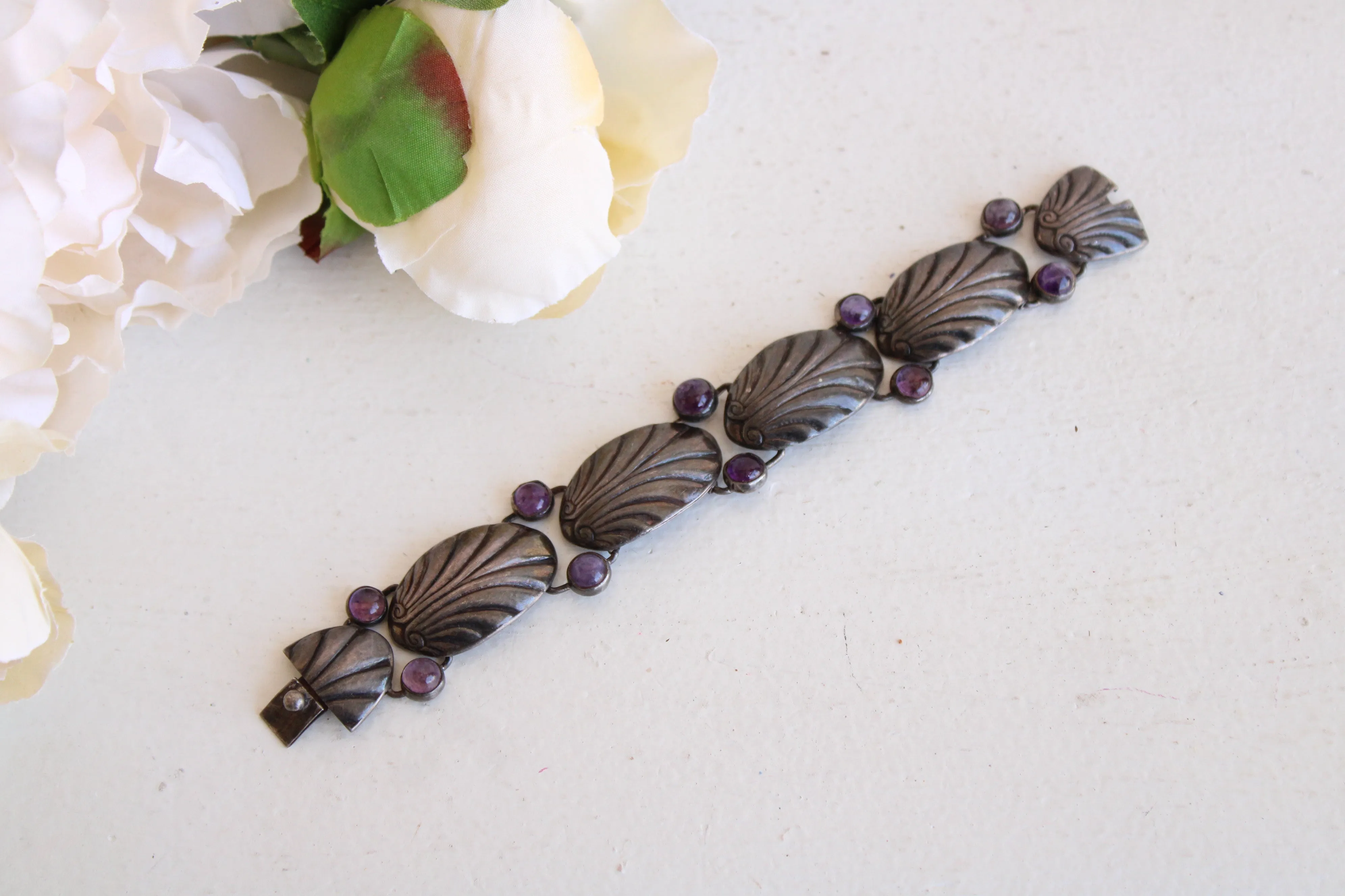 Vintage 1930s 1940s Art Deco Silver Bracelet with Amethyst