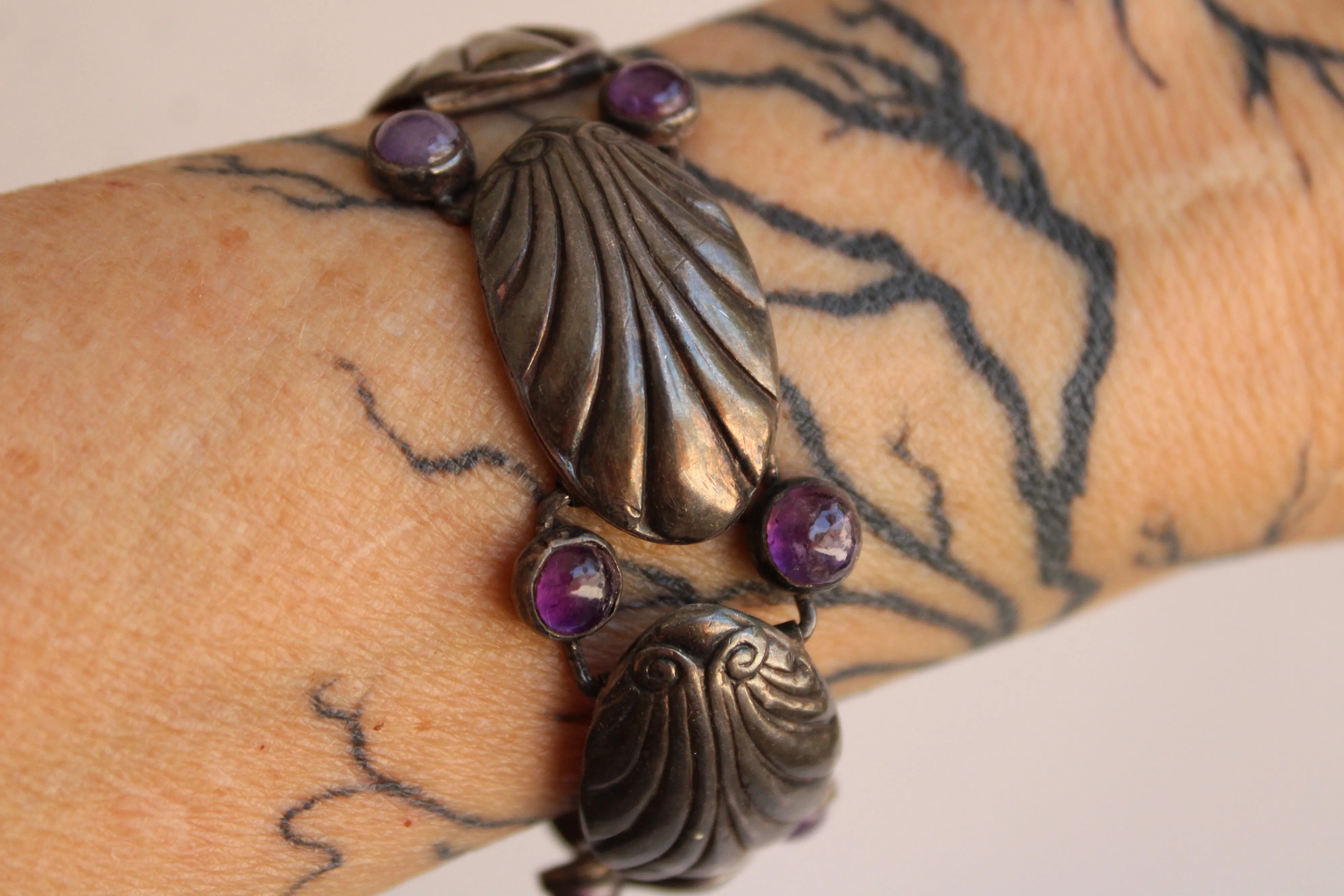 Vintage 1930s 1940s Art Deco Silver Bracelet with Amethyst