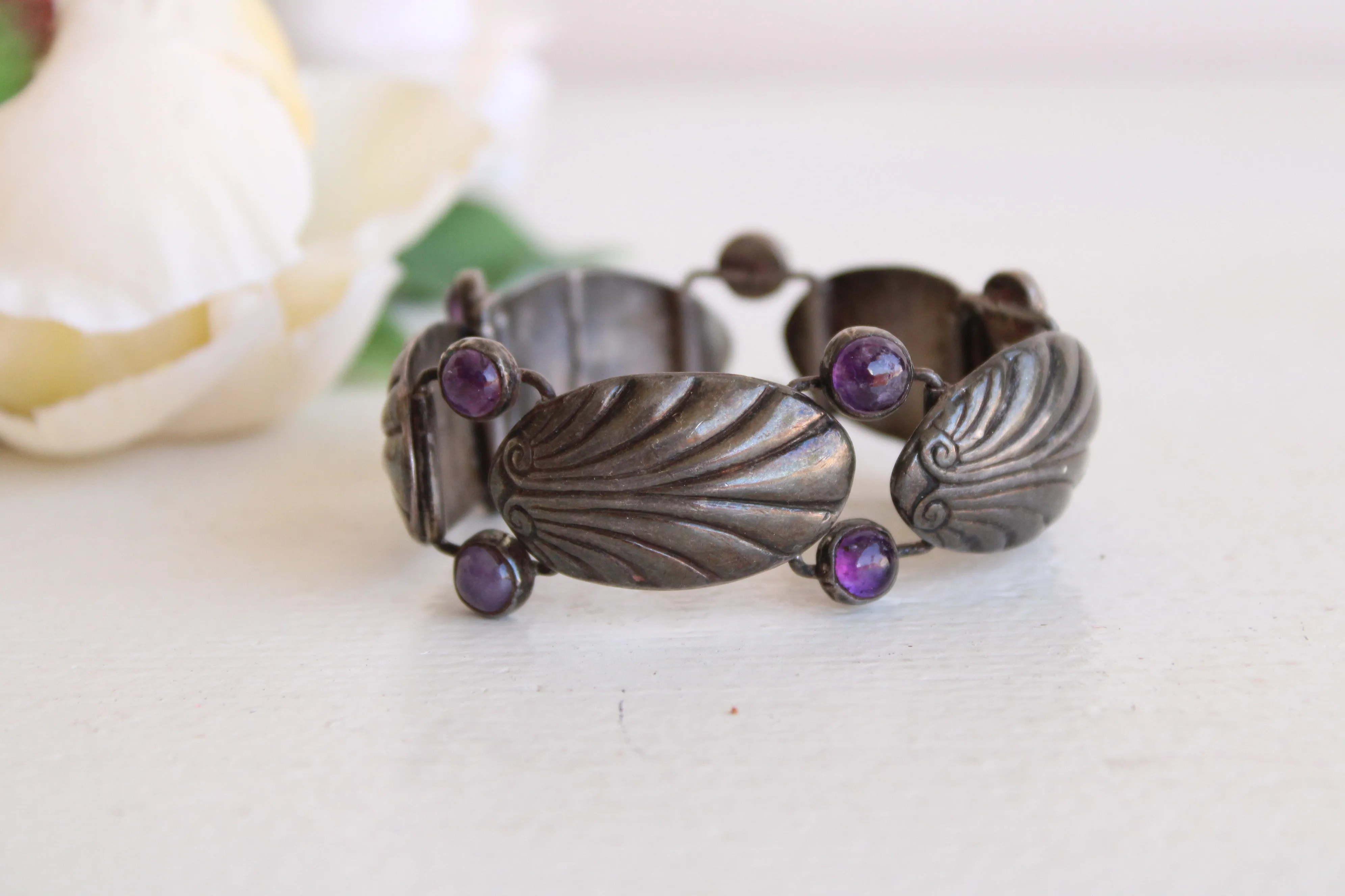 Vintage 1930s 1940s Art Deco Silver Bracelet with Amethyst