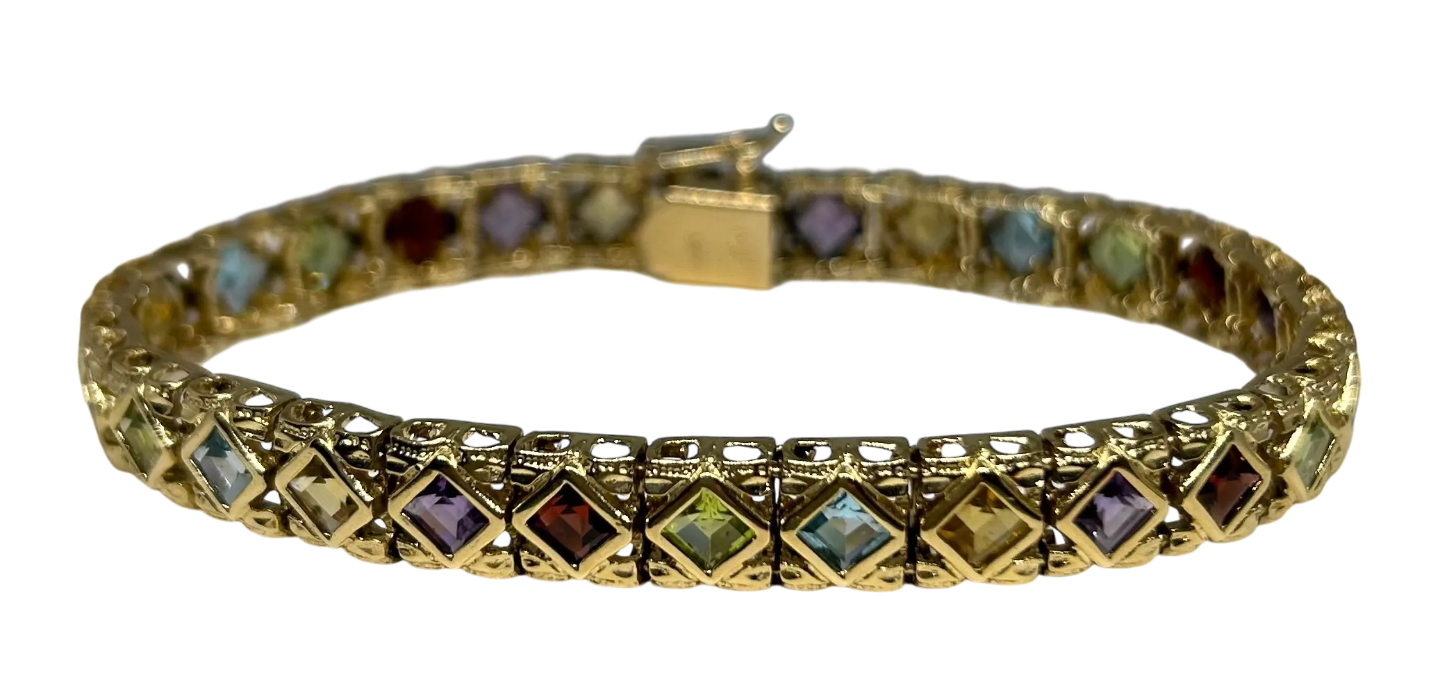 Vintage Multi Gemstone 14K Gold Bracelet,  7.5"