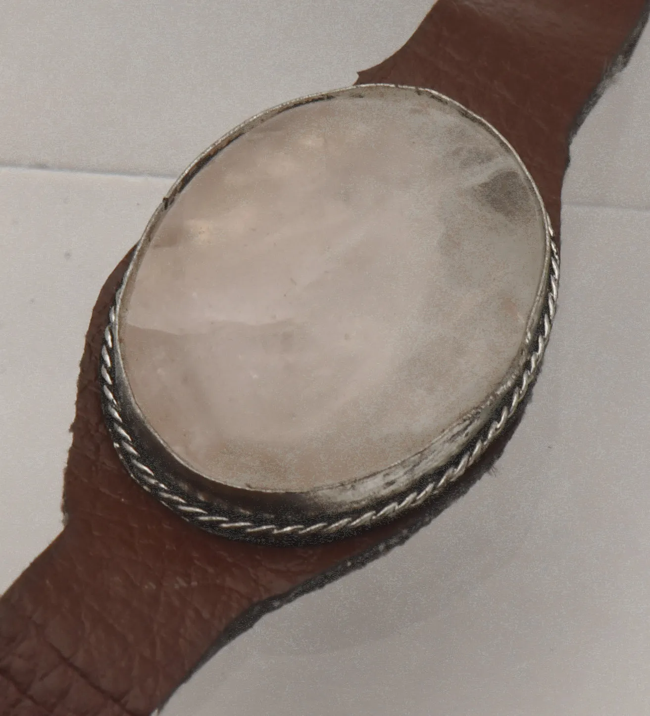 Vintage Quartz Cabochon Faux Leather Adjustable Band Bracelet