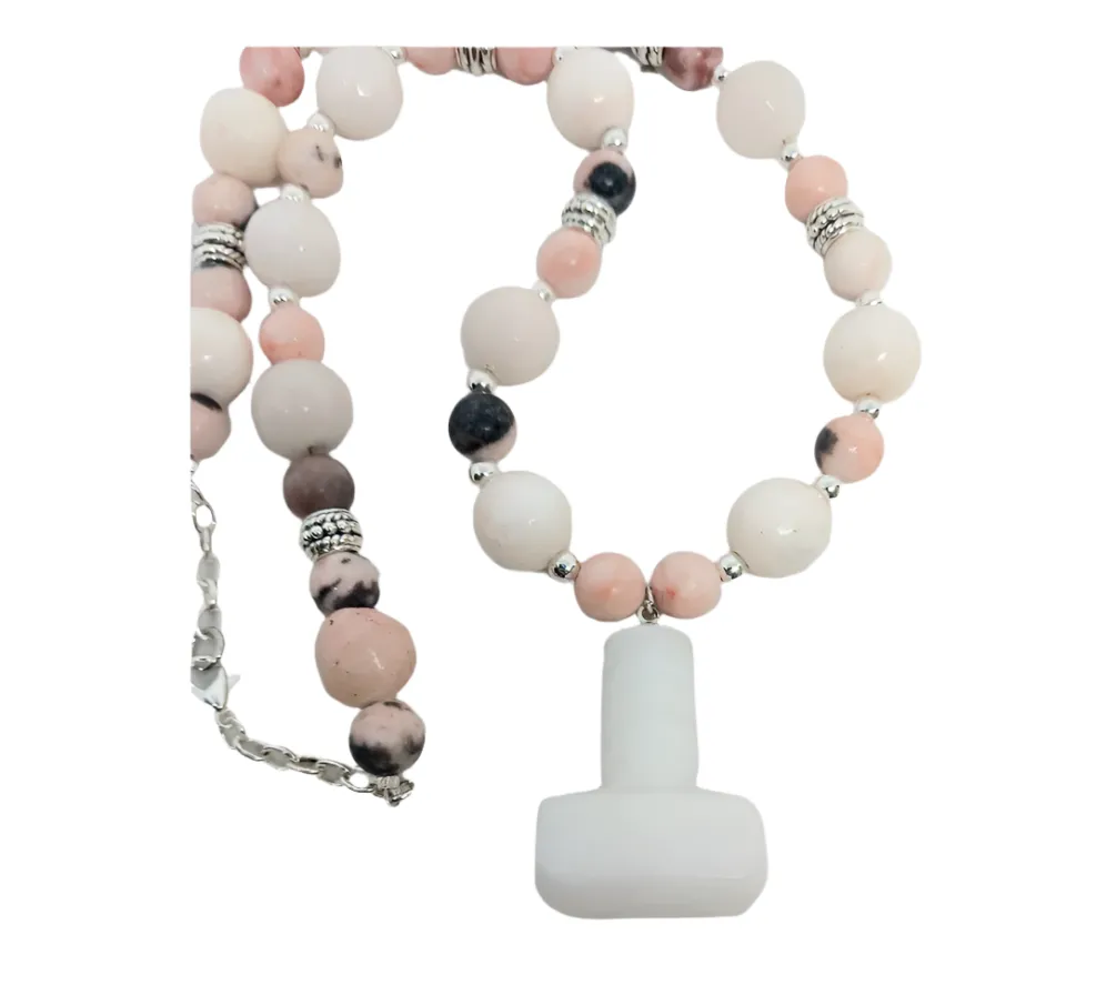 White Jade Crystal Mjölnir Necklace with Pink Zebra Jasper