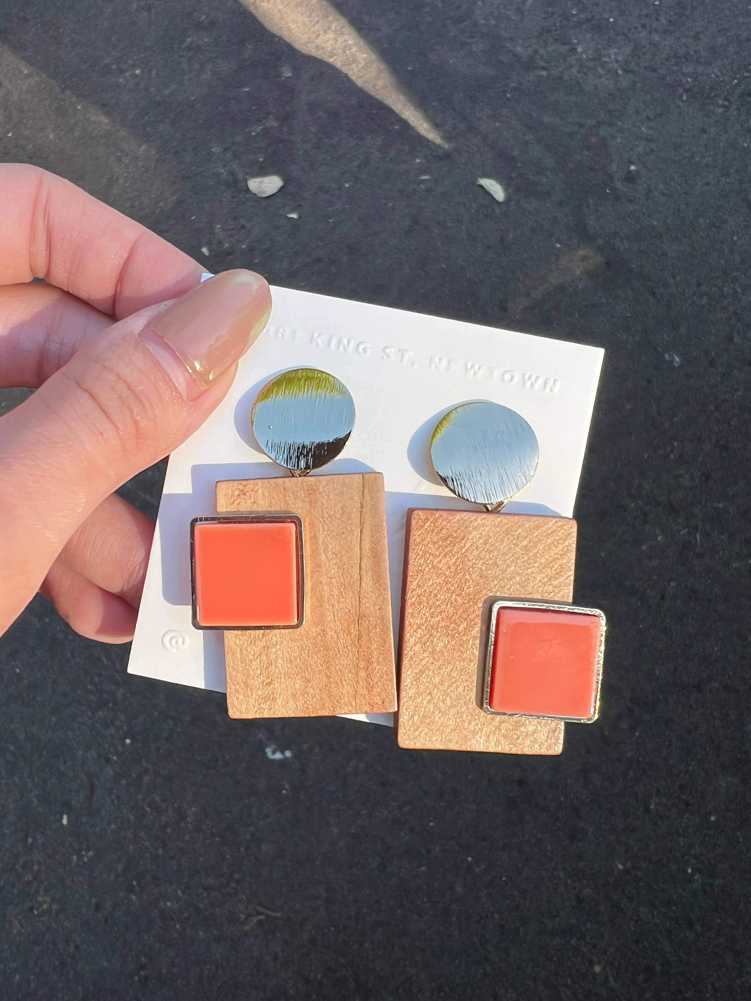 Wooden & Coral Rectangle Handmade Earrings