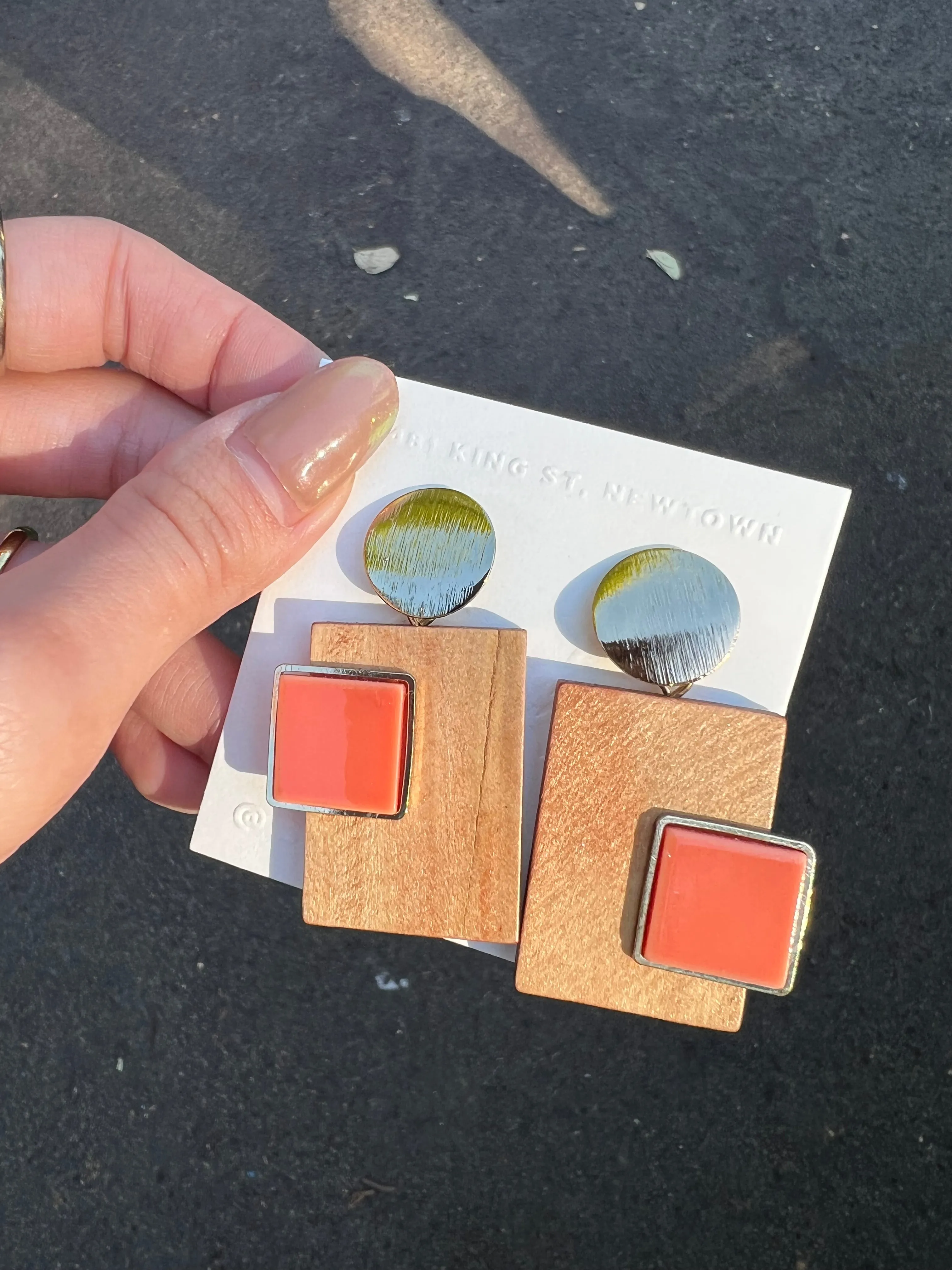 Wooden & Coral Rectangle Handmade Earrings