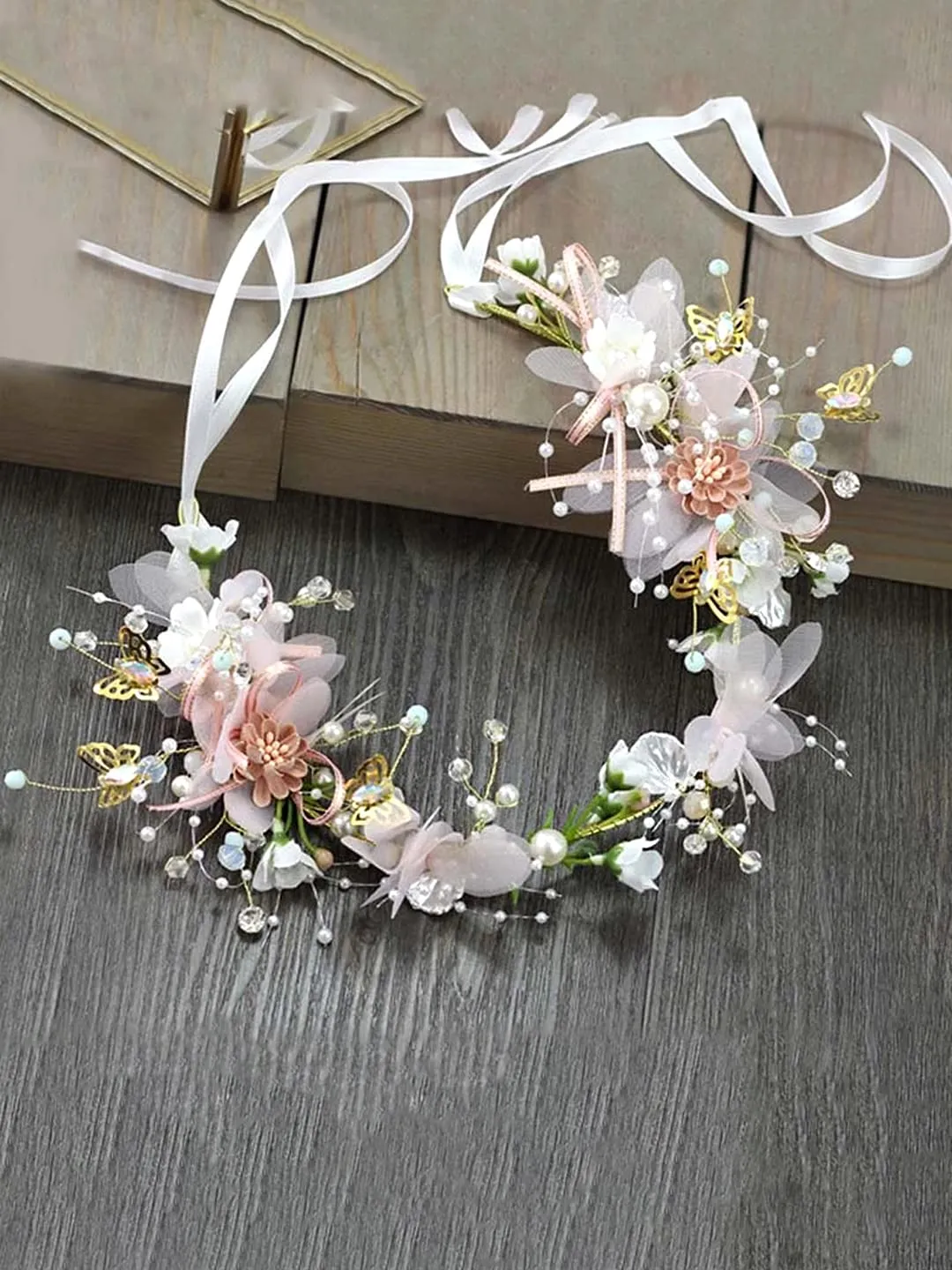 Yellow Chimes Tiara for Women and Girls Floral Hair Vine for Women White Bridal Hair Vine Tiara Headband Hair Accessories Wedding Jewellery for Girls and Women Bridal Hair Accessories for Wedding.