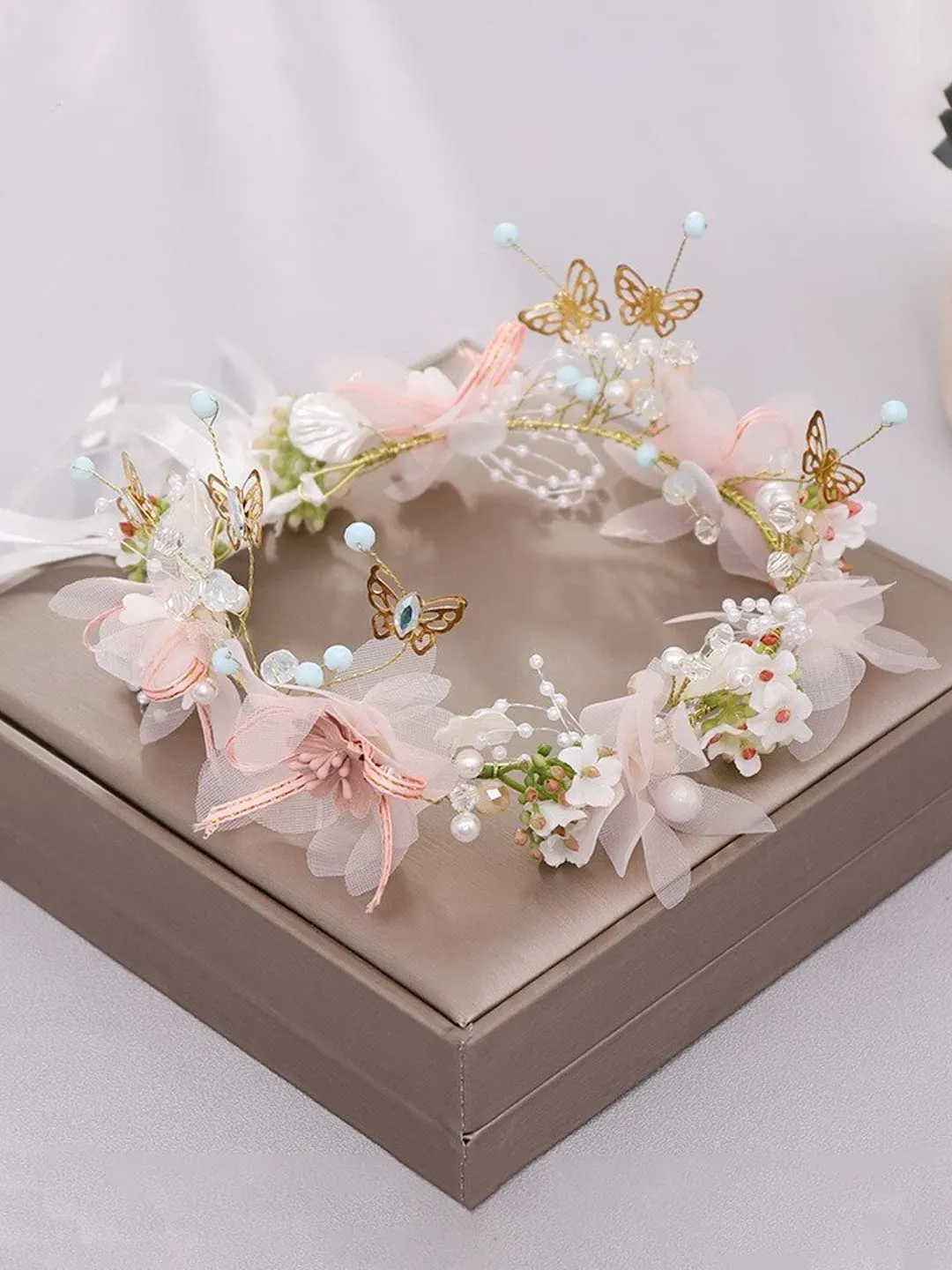 Yellow Chimes Tiara for Women and Girls Floral Hair Vine for Women White Bridal Hair Vine Tiara Headband Hair Accessories Wedding Jewellery for Girls and Women Bridal Hair Accessories for Wedding.